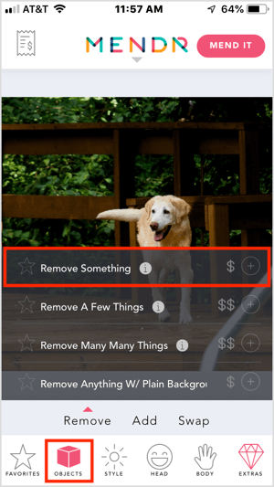 Pašalinkite objektą iš savo nuotraukos naudodami „Mendr“ mobiliąją programą.