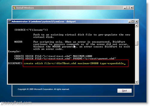 „Windows 7“ vidinis VHD diegti dvigubą įkrovą sukurkite VHD iš „CMD Prompt“