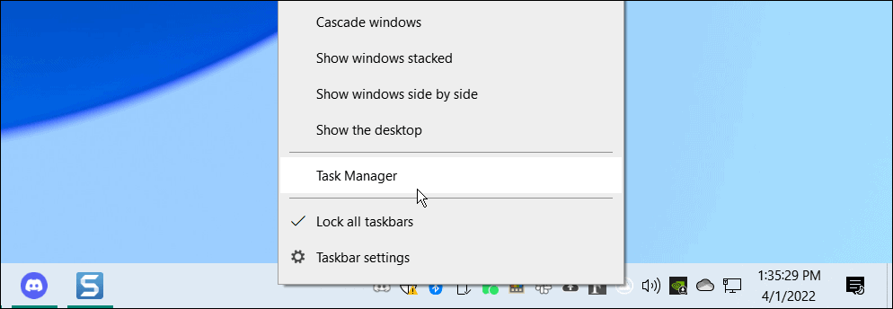atidarykite užduočių tvarkyklę iš „Windows 10“ užduočių juostos