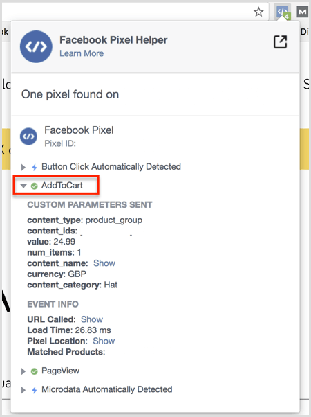 „Facebook Pixel Helper“ papildinio rezultatai rodomi puslapyje Į krepšelį