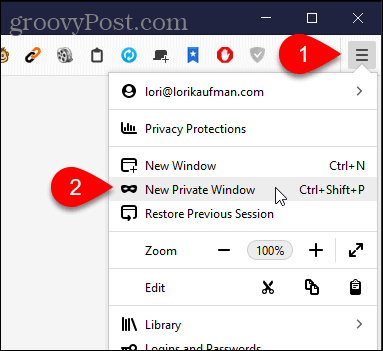 Pasirinkite „Naujas privatus langas“ „Windows“ skirtoje „Firefox“