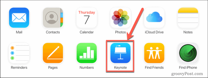 Paspauskite „Keynote“ „iCloud“