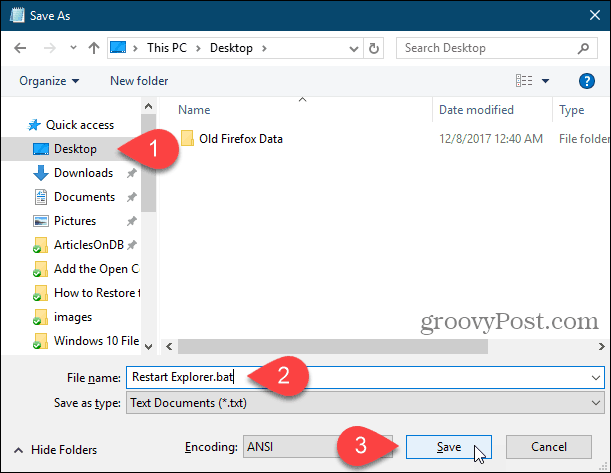 Išsaugokite paketinį failą darbalaukyje „Notepad“ sistemoje „Windows 10“