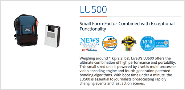 Luria Petrucci naudoja „LU500“ kuprinę, kad „Twitch“ transliuotų tiesioginius irl vaizdo įrašus. „LiveU“ pardavimo puslapyje rašoma, kad šis srautinio perdavimo įrenginys turi mažą formos faktorių ir išskirtinį funkcionalumą. Po šiuo aprašymu pateikiami keli produkto apdovanojimai.