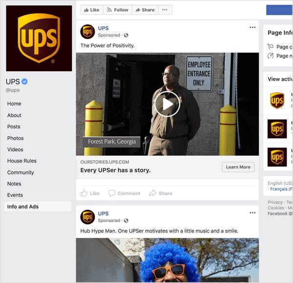 Jei pažvelgsite į „Facebook“ skelbimus iš UPS, akivaizdu, kad jie naudojasi pasakojimu ir emociniu patrauklumu, kad padidintų prekės ženklo žinomumą.