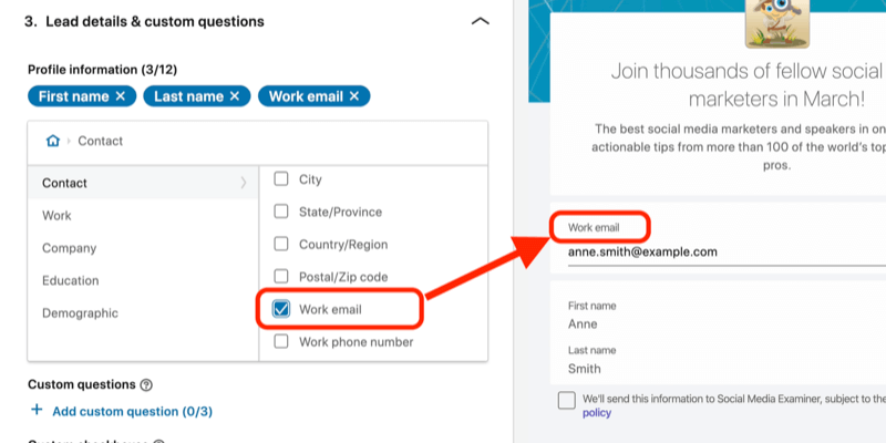 „LinkedIn“ skelbimų sąrankoje pasirinkto potencialių klientų formos lauko „Darbo el. paštas“ ekrano kopija