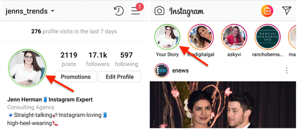 „Instagram“ profilio nuotraukos žalio apskritimo indikatorius, kai pasidalijote istorija su savo artimų draugų sąrašu.