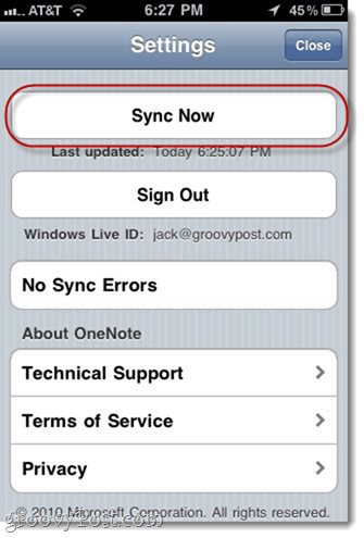 Sinchronizuoti rankiniu būdu „iPhone OneNote“