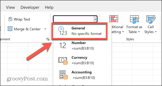 excel bendrasis formatas