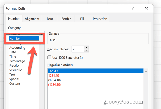 Excel numerio kategorija