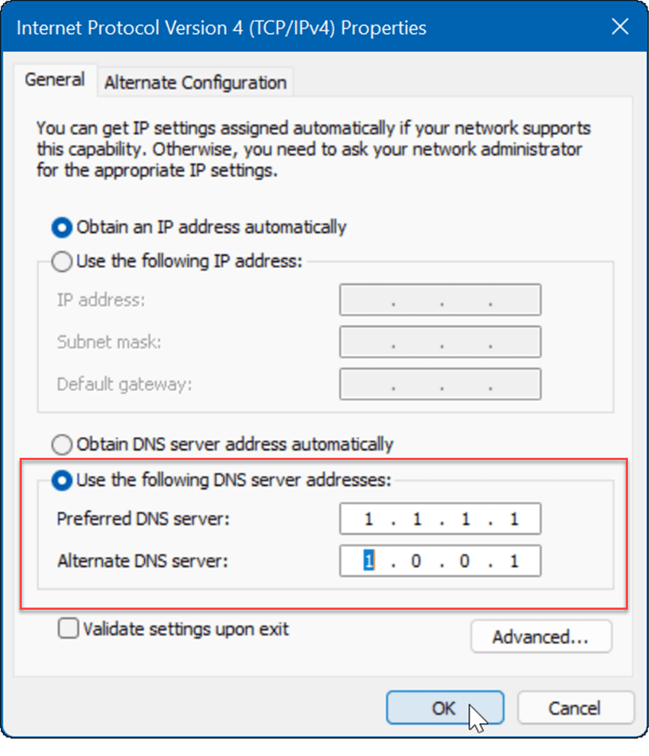 įveskite DNS taisyti lėtą internetą „Windows 11“.
