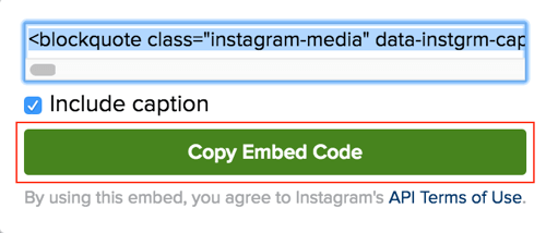 Spustelėkite žalią mygtuką, kad nukopijuotumėte „Instagram“ įterpimo kodą.