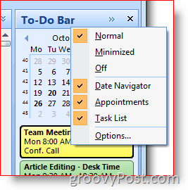 „Outlook 2007“ užduočių juosta – dešiniuoju pelės mygtuku spustelėkite, kad pasirinktumėte parinktis