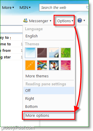 „Microsoft“ pašte spustelėkite parinktis, tada - daugiau parinkčių