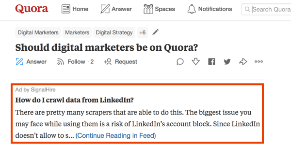 „Quora“ rinkodaros su mokamu skelbimu pavyzdys.
