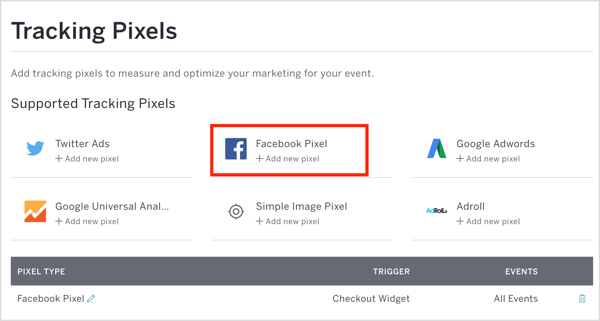 „Eventbrite“ spustelėkite „Facebook Pixel“ ir įveskite savo taškų ID ir kitą informaciją.