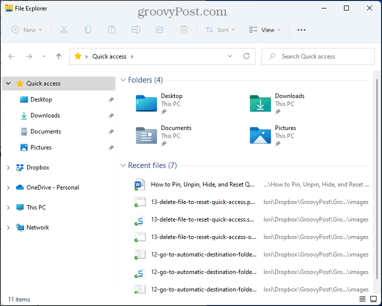 Greitos prieigos aplankai nustatomi iš naujo „File Explorer“.