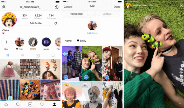 „Instagram Stories Highlights“ leidžia vartotojams pasirinkti ir sugrupuoti praeities istorijas į pavadintas kolekcijas.