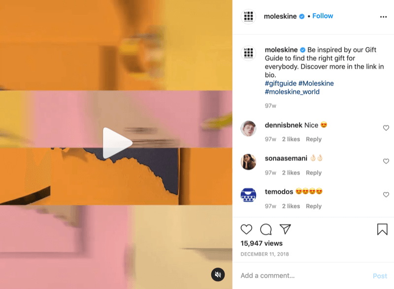 „Instagram“ dovanų idėjos vaizdo įrašo iš „@moleskine“ pavyzdys su raginimu veikti, nukreipiančiu žiūrovus į nuorodą biografijoje daugiau