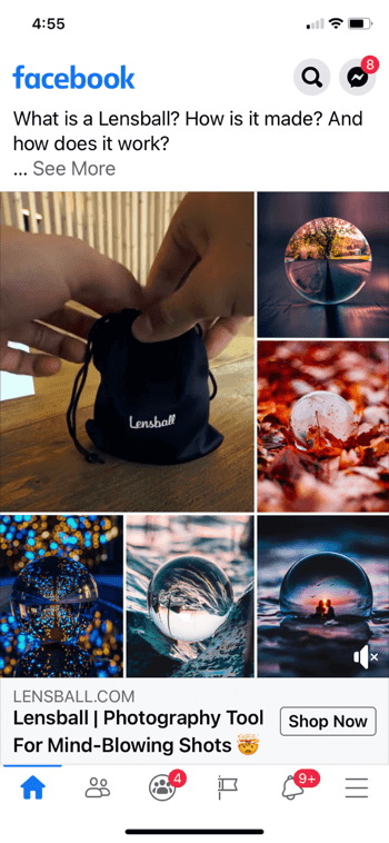 „lensballball“ „Facebook“ skelbimų koliažo pavyzdys, rodantis produktą mažame juodame raištelių krepšyje kartu su 5 naudojamo produkto kadrų pavyzdžiais
