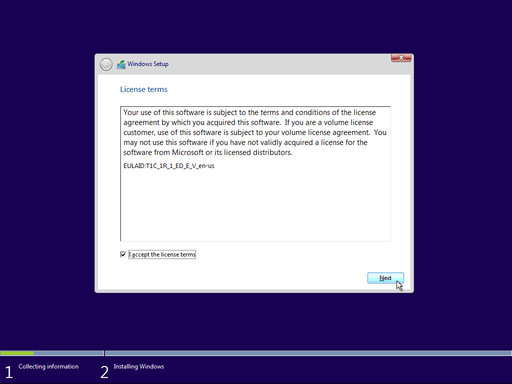 03 EULA „Windows 10“ švarus diegimas