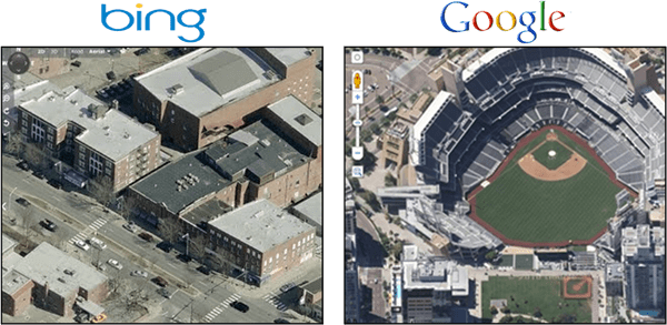 „Google Maps“ 45 laipsnių vaizdo vaizdas virš viršaus Bing paukščių akis