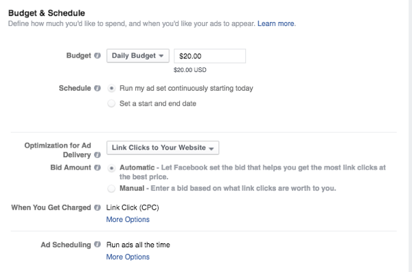 „facebook“ skelbimų biudžetas ir tvarkaraštis