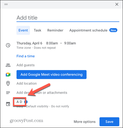 „Google“ kalendoriaus įvykių kalendoriaus parinkties ekrano kopija