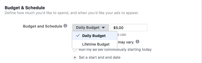 „Flash“ pardavimo dieną „Facebook“ kampanijos skelbimų rinkinio lygiu pasirinkite Viso gyvenimo biudžetą