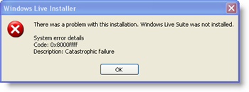 „Windows Live Installer“ sistemos klaidos kodas: 0x8000ffff - katastrofiškas gedimas