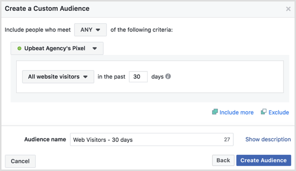 Pasirinkite parinktis, kaip sukurti „Facebook“ pasirinktą visų svetainės lankytojų auditoriją per pastarąsias 30 dienų