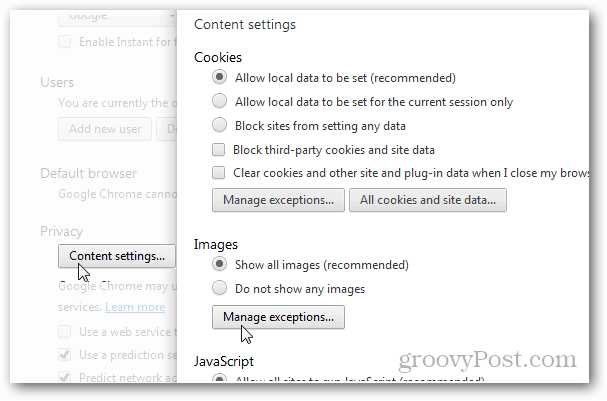 „Chrome“ privatumas> turinio nustatymai> vaizdai> tvarkykite išimtis