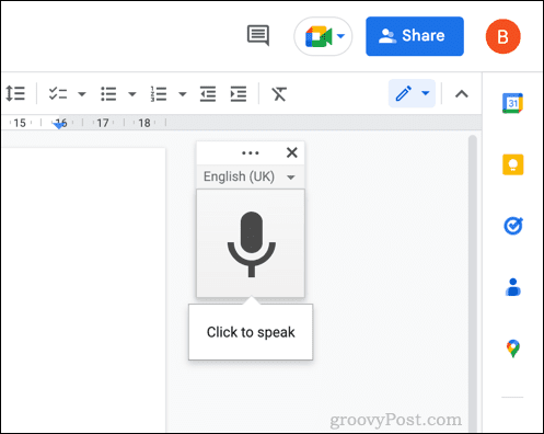Rašymo balsu meniu laukelis „Google“ dokumentuose