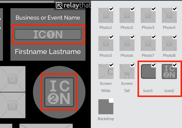 Įkelkite savo logotipą į „RelayThat“ miniatiūras „Icon1“ arba „Icon2“.