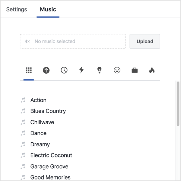 Spustelėkite skirtuką Muzika ir įkelkite savo garso įrašą, arba pasirinkite takelį iš „Facebook“ bibliotekos.