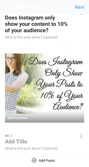 pavyzdys sukurkite naują „Instagram“ vadovą su pasirinktu pranešimu ir pavadinimu „ar„ Instagram “rodo tik jūsų turinio 10% auditorijos “, taip pat galimybės pridėti vadovo aprašą ir papildomos pranešimai