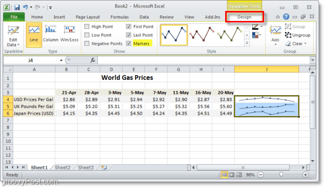 pritaikykite savo „excel 2010“ kibirkštėles