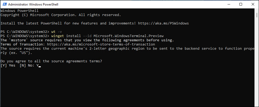 cmd gauti naujausią Windows terminalo versiją