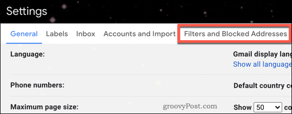 „Gmail“ filtrų meniu