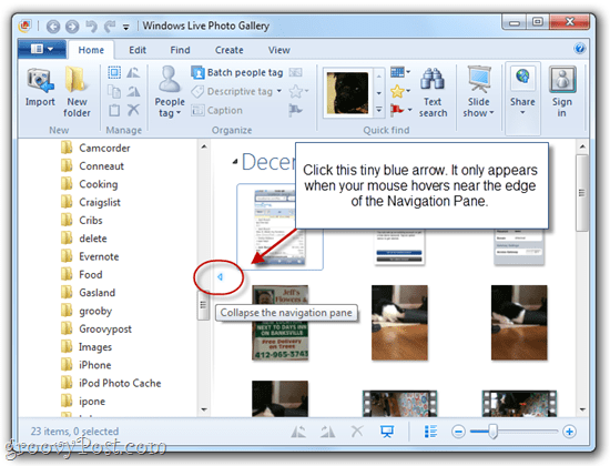 Rodyti / slėpti naršymo sritį „Windows Live“ nuotraukų galerijoje 
