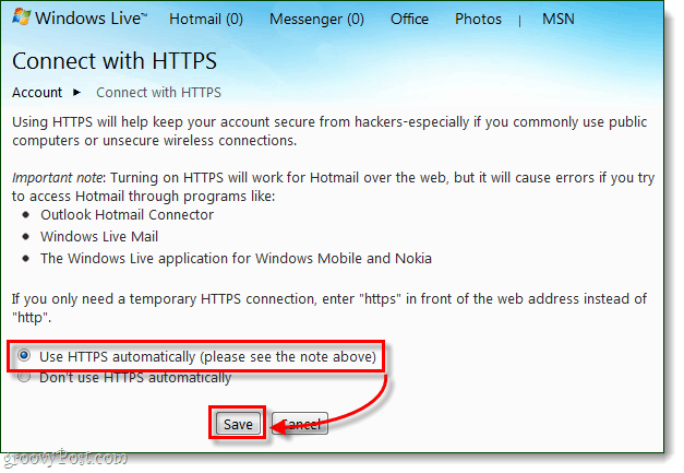 Kaip visada saugiai prisijungti prie „Windows Live“ ir „Hotmail“ per HTTPS