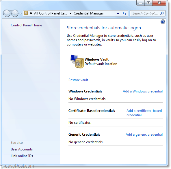 bendras „Windows 7“ kredencialaus tvarkytojo skliauto vaizdas