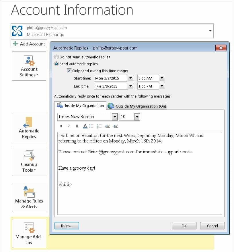 Įgalinkite automatinius atsakymus naudodami „Office Assistant“ „Outlook 2010“ ir „2013“