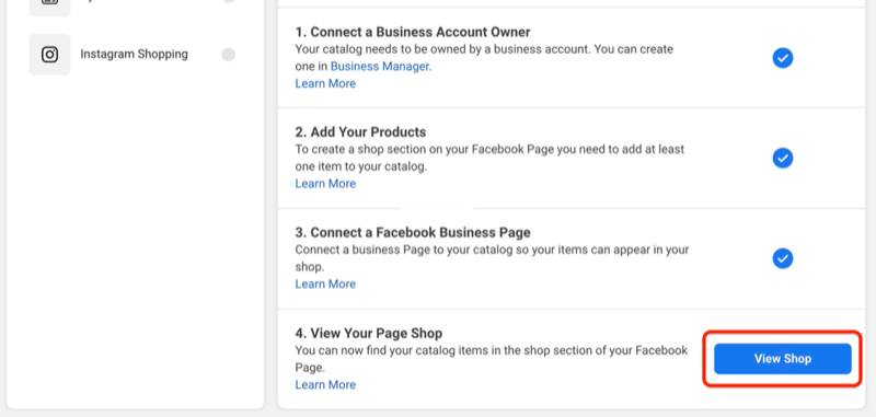 Peržiūrėti parduotuvės mygtuką norėdami peržiūrėti, kaip jūsų „Facebook“ parduotuvė atrodo jūsų puslapyje