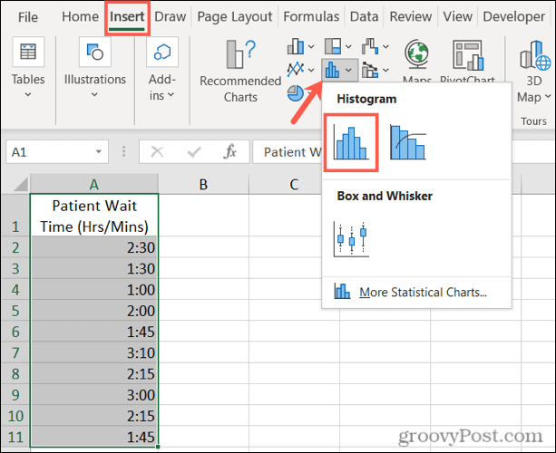 Įdėkite histogramą į „Excel“