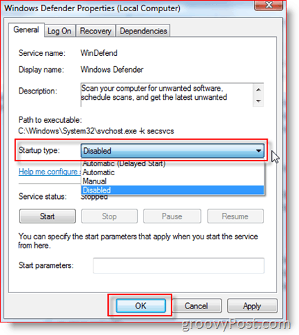 Išjunkite „Windows Defender“ paslaugą „Windows Server 2008“ arba „Vista“:: groovyPost.com