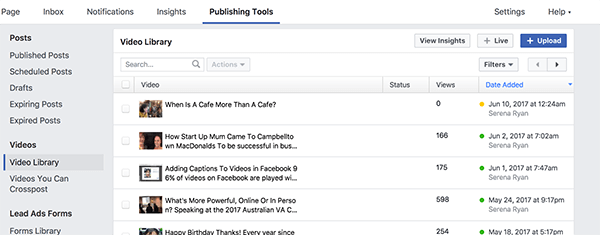 Jūsų „Facebook“ vaizdo įrašų bibliotekoje yra visi jūsų paskelbti ir nepaskelbti vaizdo įrašai. Vaizdo įrašai su geltonu tašku neskelbiami, o vaizdo įrašai su žaliu tašku yra paskelbti.