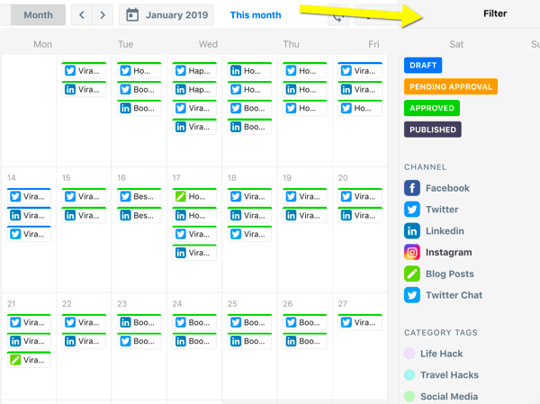 Kaip organizuoti socialinės žiniasklaidos rinkodaros užduotis, „ContentCal“ kalendoriaus apžvalga su filtrais