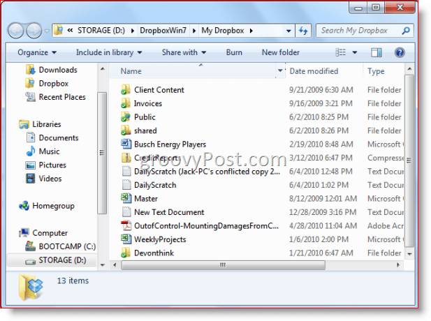 „Windows 7“ aplankas „Windows Explorer“ „Dropbox“