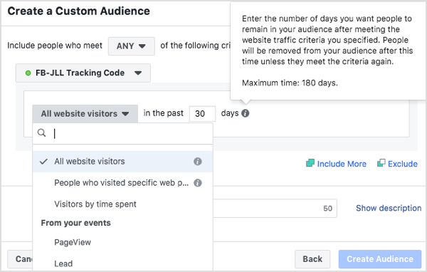 Sukurkite pasirinktas žmonių, apsilankiusių jūsų svetainėje per pastarąsias 30 dienų, 60 dienų, 90 dienų ir 180 dienų, auditorijas. 